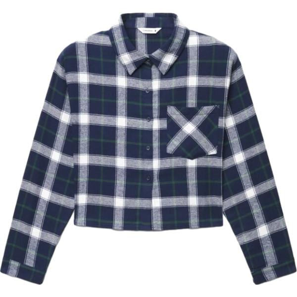 Camicia da donna in blu scuro a quadri collo classico corto a maniche lunghe a vita alta con bottoni in cotone Terranova