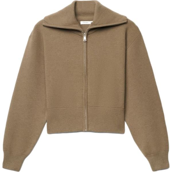Felpa da donna in marrone scuro lavorato a maglia collo aperto corto a maniche lunghe a vita alta con zip Terranova