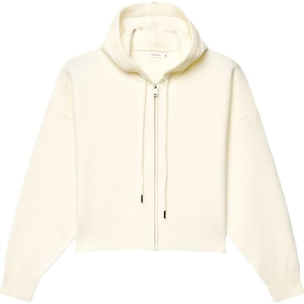 Felpa con cappuccio da donna in bianco neve lavorato a maglia collo con cappuccio corto a maniche lunghe a vita alta con zip Terranova
