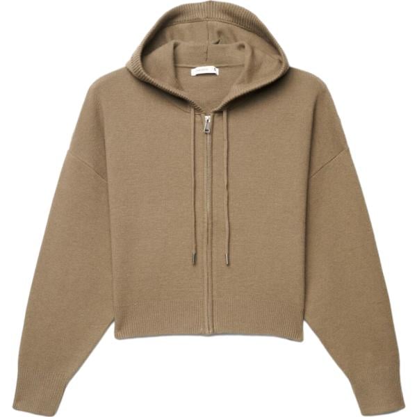 Felpa con cappuccio da donna in marrone scuro lavorato a maglia collo con cappuccio corto a maniche lunghe a vita alta con zip Terranova