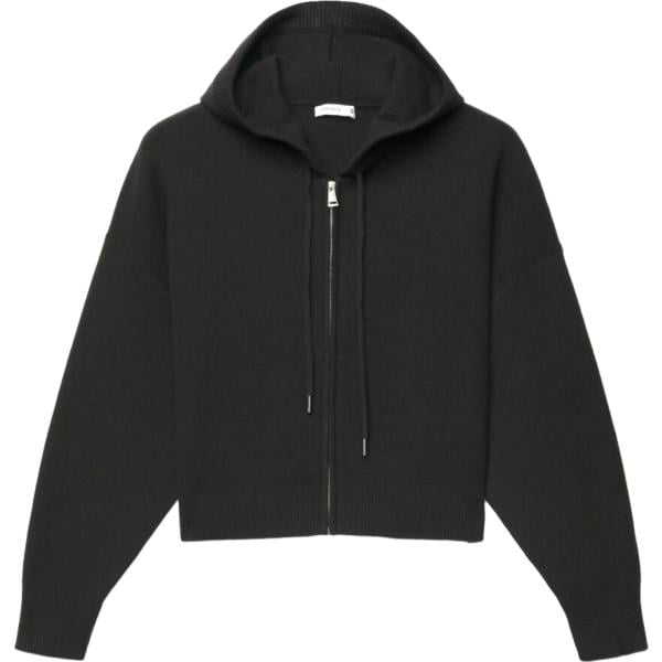 Felpa con cappuccio da donna in nero pece lavorato a maglia collo con cappuccio corto a maniche lunghe a vita alta con zip Terranova