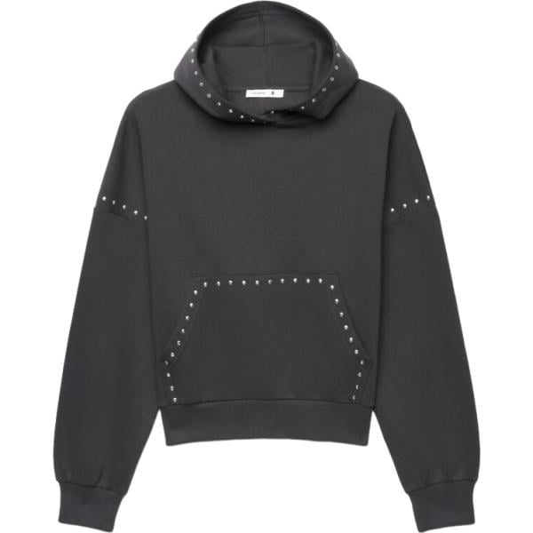 Felpa con cappuccio da donna in grigio scuro con borchie collo con cappuccio lungo a maniche lunghe con zip in cotone Terranova