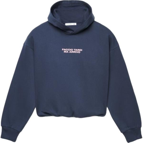 Felpa con cappuccio da donna in blu scuro con stampe collo con cappuccio a maniche lunghe con zip in cotone Terranova