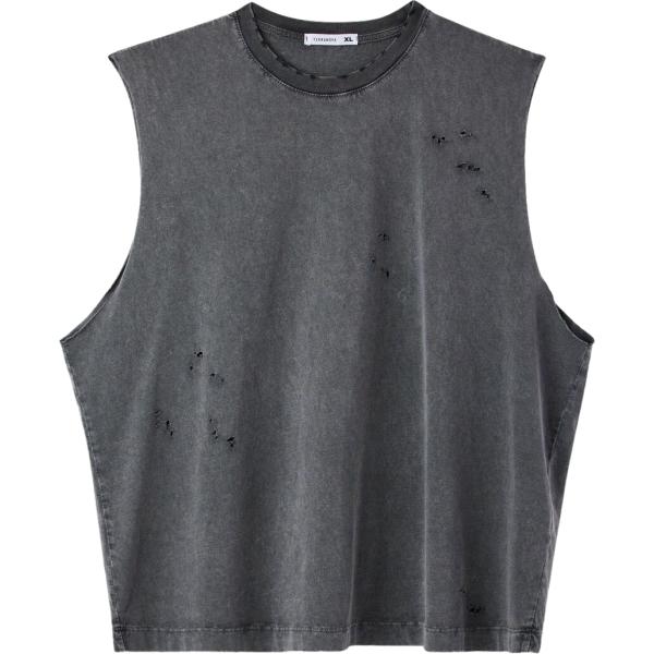 Canottiera da uomo boxy in grigio scuro effetto strappato girocollo senza maniche in cotone Terranova