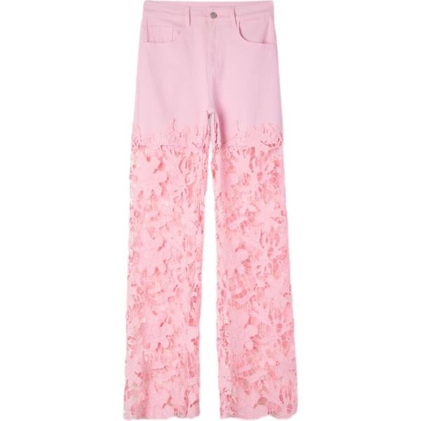Jeans dritti da donna in rosa chiaro a fiori con pizzo lungo a vita media con zip in denim Terranova