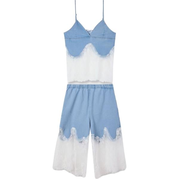Pigiama da donna in grigio chiaro con pizzo con spalline lungo in cotone Terranova