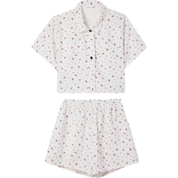 Camicia a maniche corte da donna in bianco avorio a fiori completo a maniche corte con bottoni in cotone Terranova