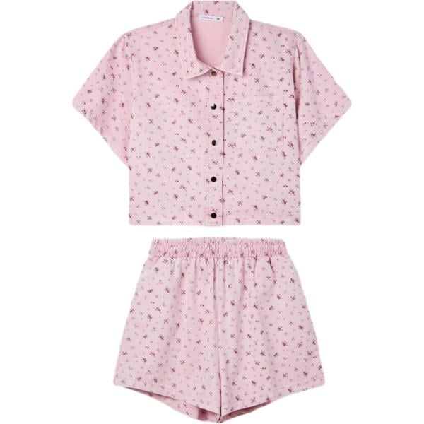 Camicia a maniche corte da donna in viola chiaro a fiori completo a maniche corte con bottoni in cotone Terranova Terranova