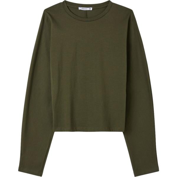 T-shirt da donna in verde oliva con scollo corto a maniche lunghe a vita alta in cotone Terranova