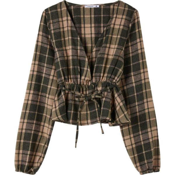 Camicia da donna in nero pece a quadri collo a v senza tasche a maniche lunghe con coulisse in cotone Terranova Terranova