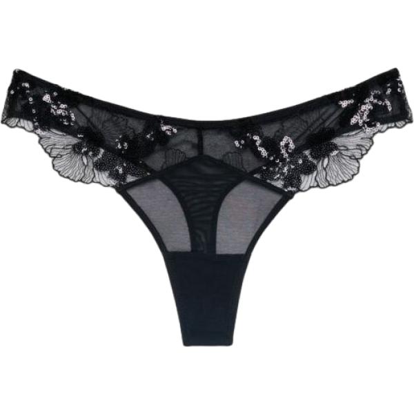 Perizoma da donna in nero pece a fiori con paillettes intimo a vita bassa in cotone Terranova