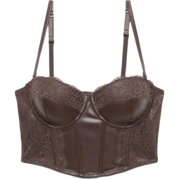 Corpo da donna con ferretto in marrone scuro con pizzo con spalline lungo in ecopelle Terranova