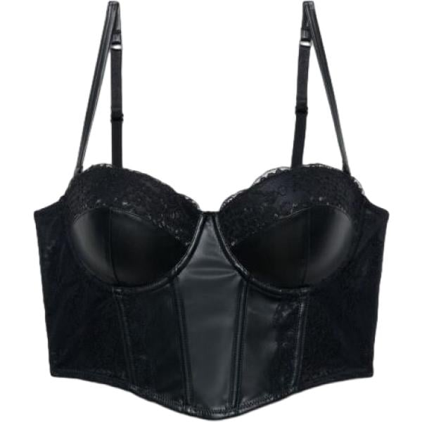 Corpo da donna con ferretto in nero pece con pizzo con spalline lungo in ecopelle Terranova