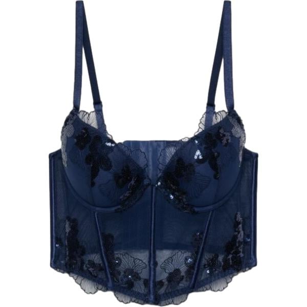Corpo da donna in blu scuro a fiori con paillettes con spalline lungo Terranova