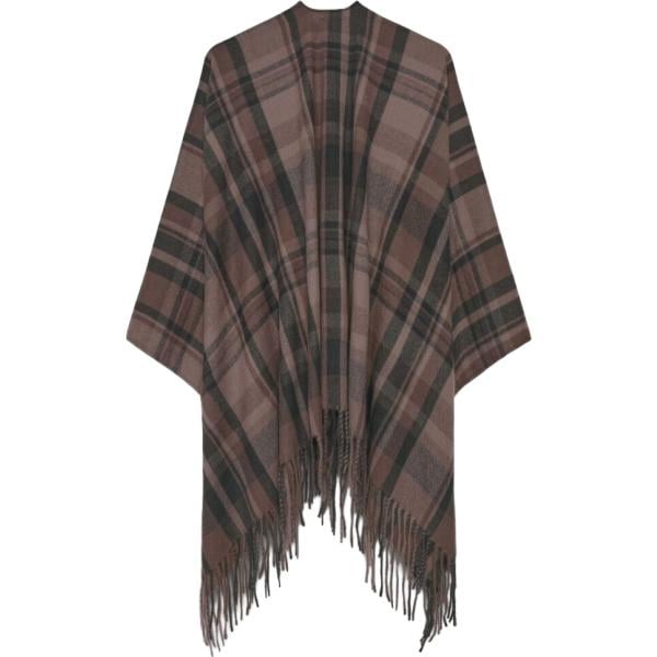 Mantella da donna in marrone scuro a quadri con frange collo a dolcevita Terranova