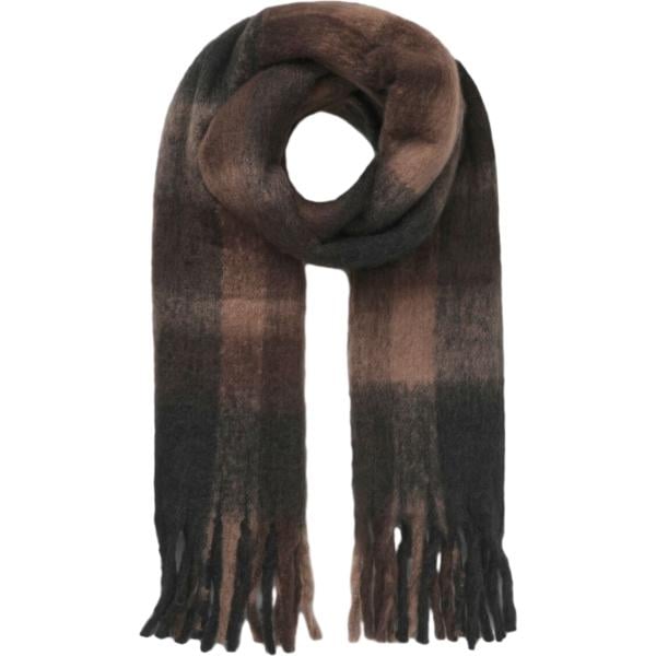 Sciarpa da donna in marrone scuro a quadri con frange maxi Terranova
