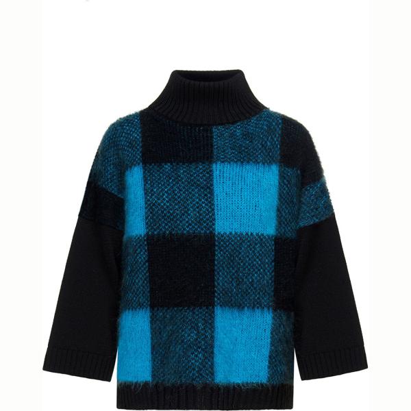 Maglia forma asimmetrica spacchi laterali a quadri collo alto in mohair Sfizio