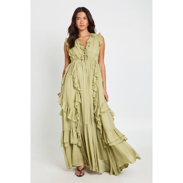 Robe longue femme beige sable avec volants maxi Boohoo
