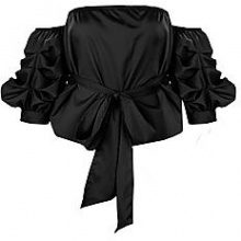 BOOHOO Samantha top con scollo bardot allacciato in vita con maniche con ruche