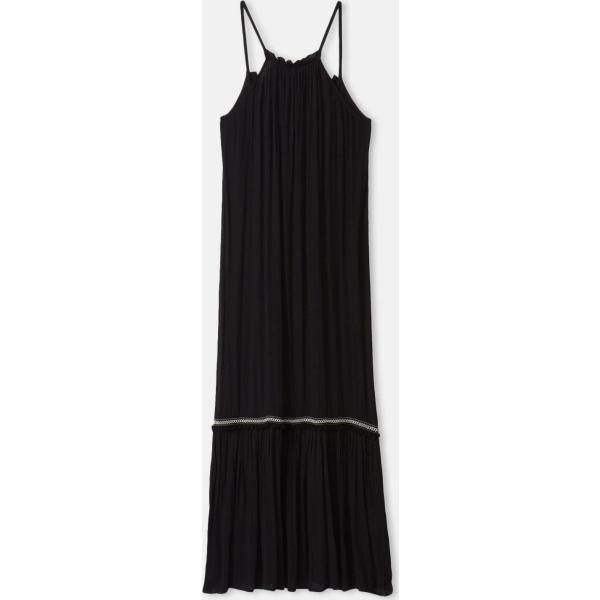 Vestito lungo da donna in nero con ruches con scollo lungo in viscosa  Calliope | Bantoa