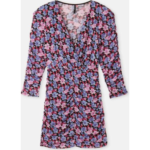 Vestito corto da donna in nero con stampe con ruches con scollo corto  Calliope | Bantoa